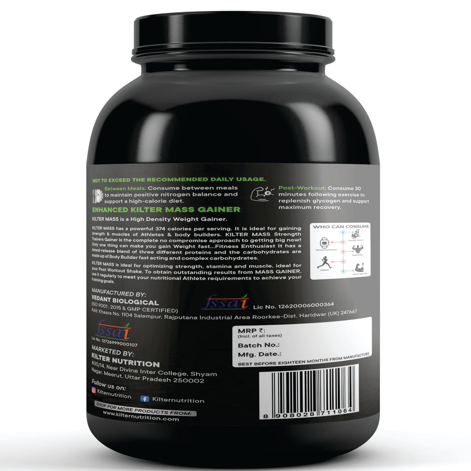 Kilter Nutrition Mass Gainer High Calorie Formula – Chocolate | High Protein & Carb Blend for Muscle Mass, Strength & Weight Gain