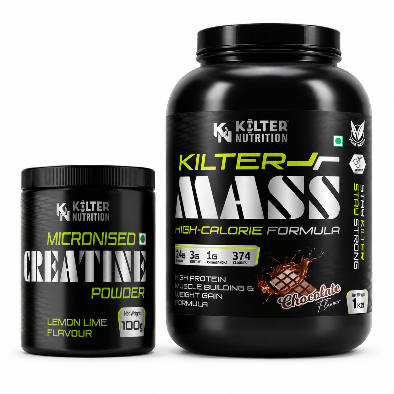 Kilter Nutrition Mass Gainer Chocolate 1kg + Micronised Creatine Monohydrate Lemon 100g Combo | Complete Muscle Building & Performance Stack