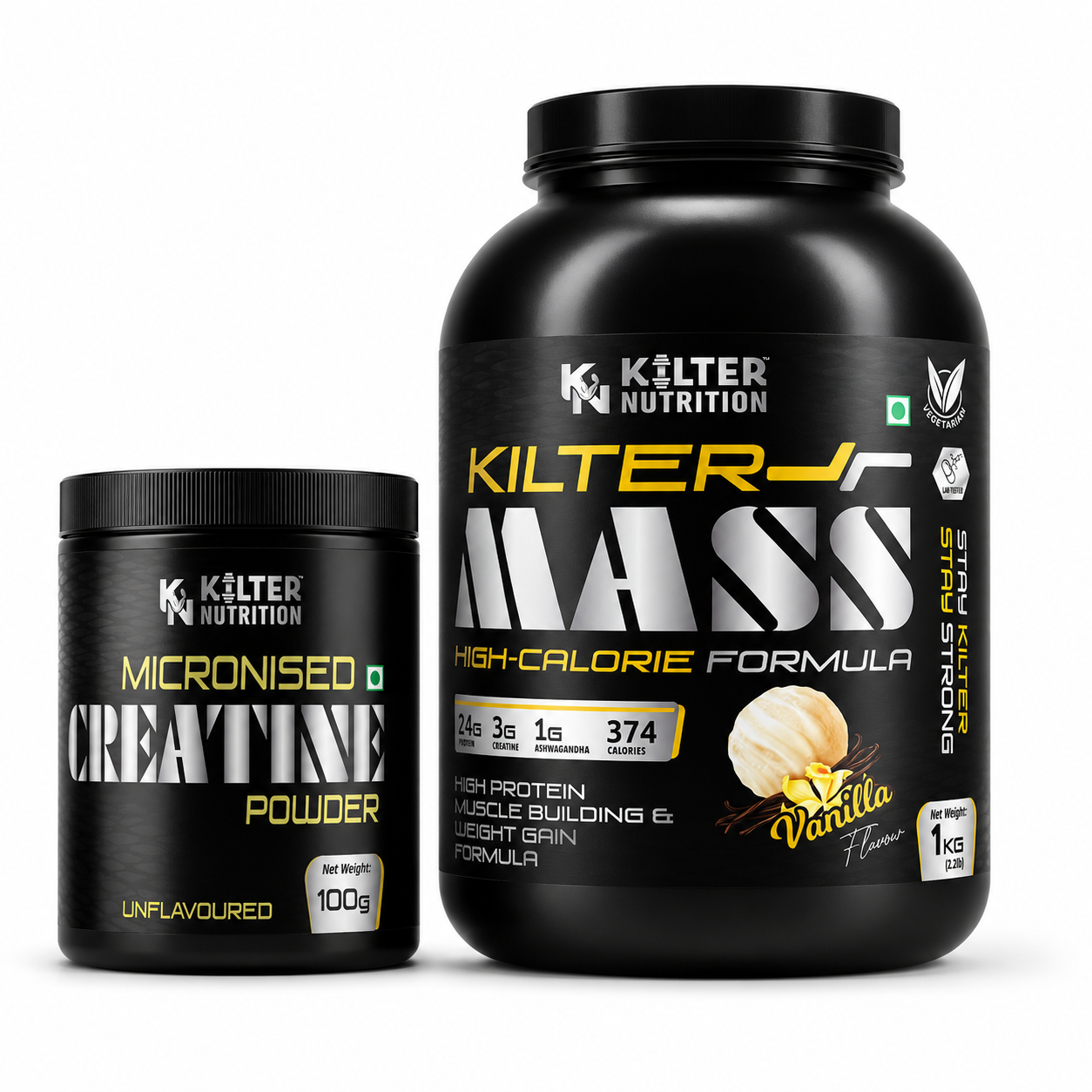 Kilter Nutrition Mass Gainer Vanilla 1kg + Micronised Creatine Monohydrate Unflavoured 100g Combo | Complete Muscle Building & Performance Stack