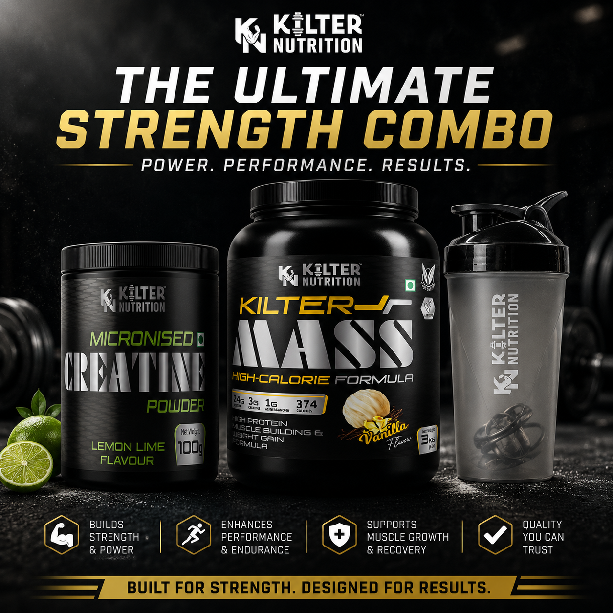 Kilter Nutrition Mass Gainer 3kg + Micronised Creatine Monohydrate 100g + Premium Shaker Combo | Complete Muscle Building & Performance Stack