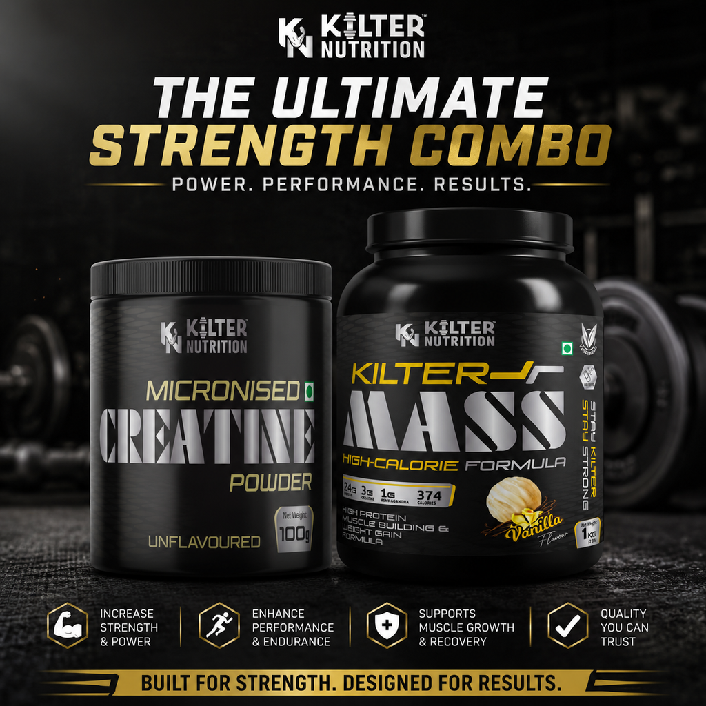 Kilter Nutrition Mass Gainer 1kg + Micronised Creatine Monohydrate 100g Combo | Complete Muscle Building & Performance Stack