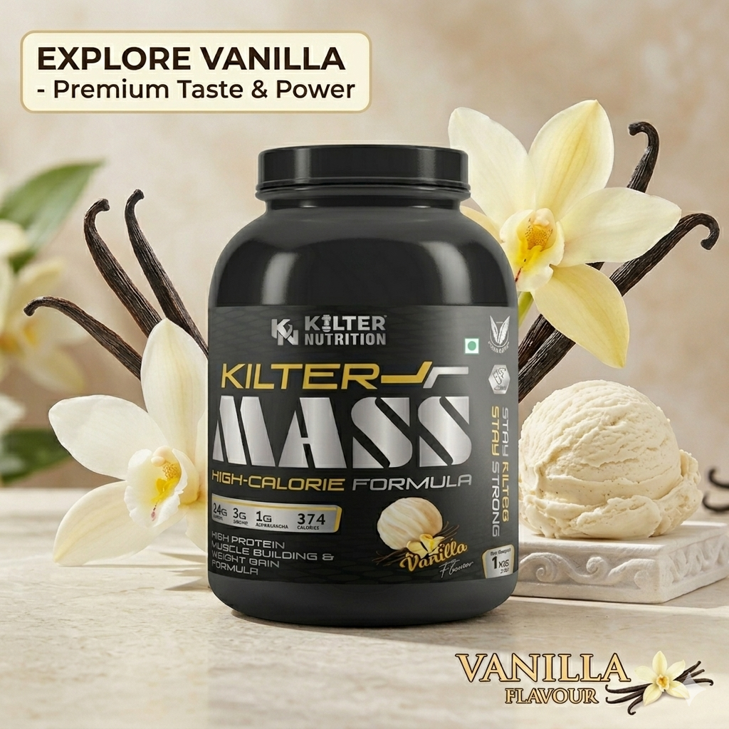 Kilter Nutrition Mass Gainer High Calorie Formula – Vanilla 1kg | High Protein & Carb Blend for Muscle Mass, Strength & Weight Gain