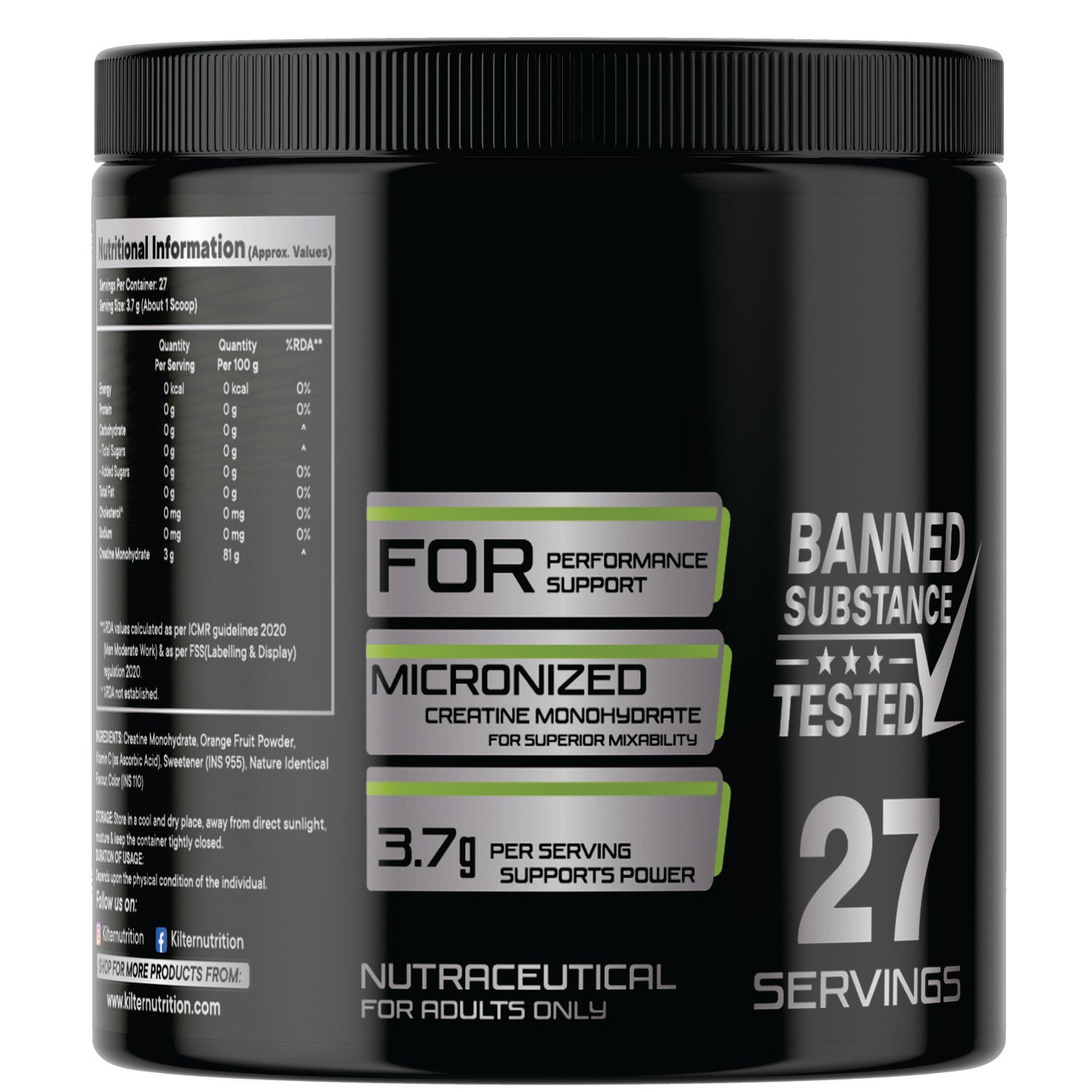 Kilter Nutrition Micronised Creatine Monohydrate Lemon Lime | 100% Pure Creatine | 100g