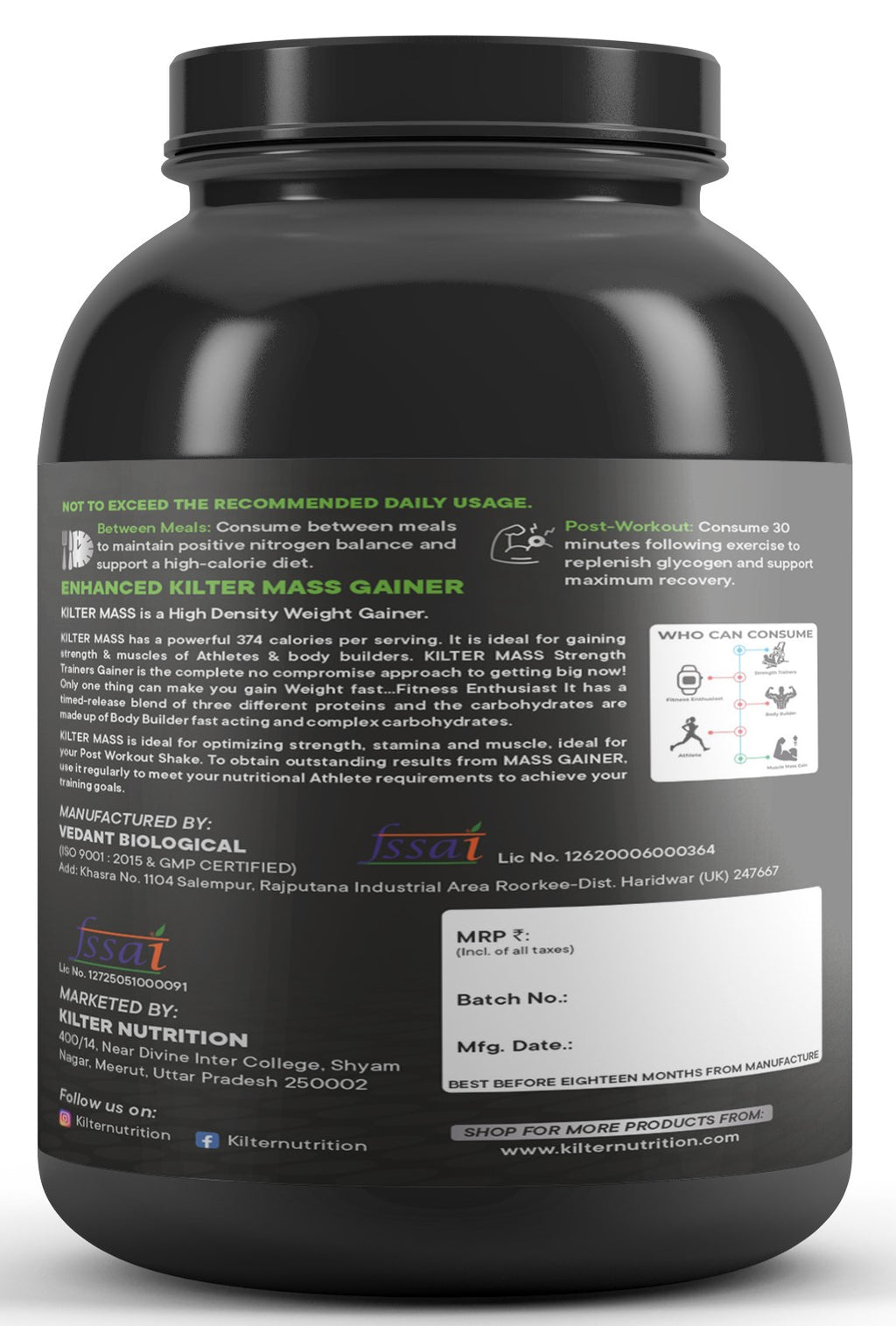 Kilter Nutrition Mass Gainer High Calorie Formula – Chocolate