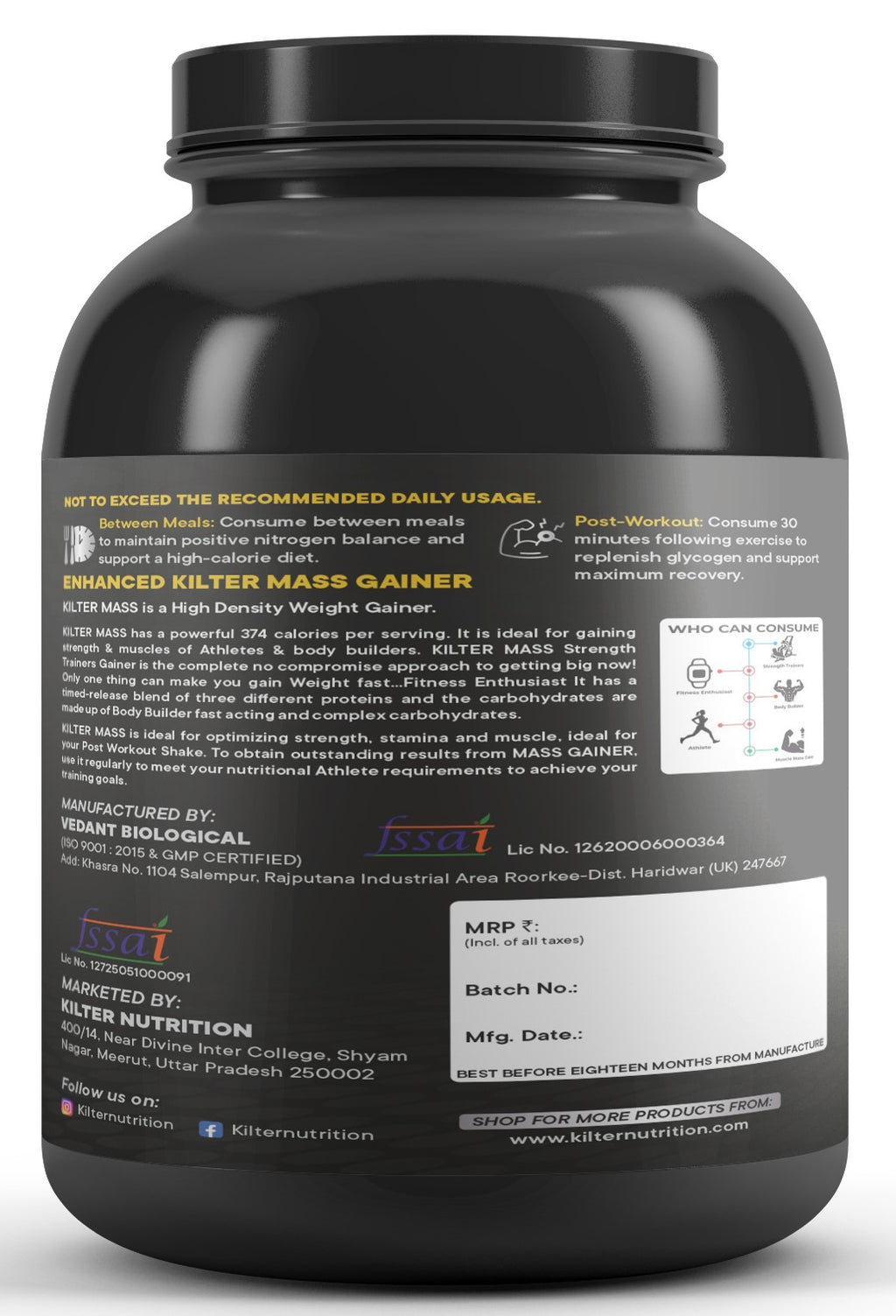 Kilter Nutrition Mass Gainer High Calorie Formula – Vanilla 3kg