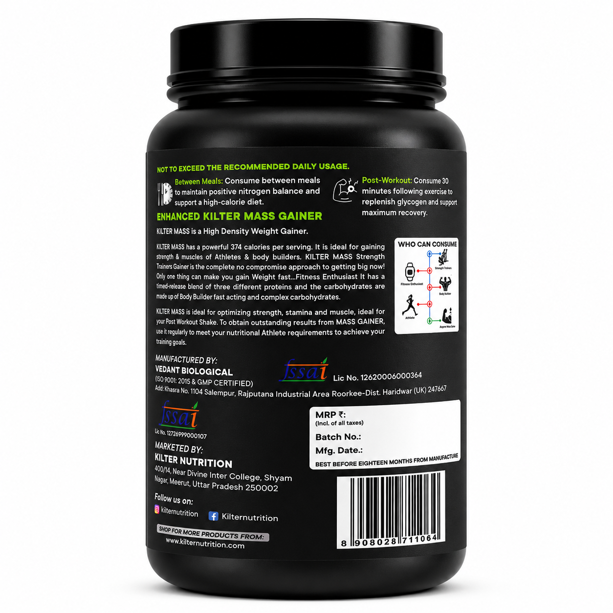 Kilter Nutrition Mass Gainer High Calorie Formula – Chocolate 1kg | High Protein & Carb Blend for Muscle Mass, Strength & Weight Gain