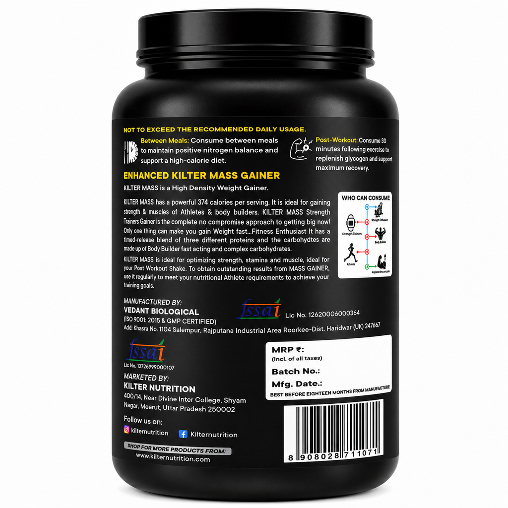 Kilter Nutrition Mass Gainer High Calorie Formula – Vanilla 1kg | High Protein & Carb Blend for Muscle Mass, Strength & Weight Gain