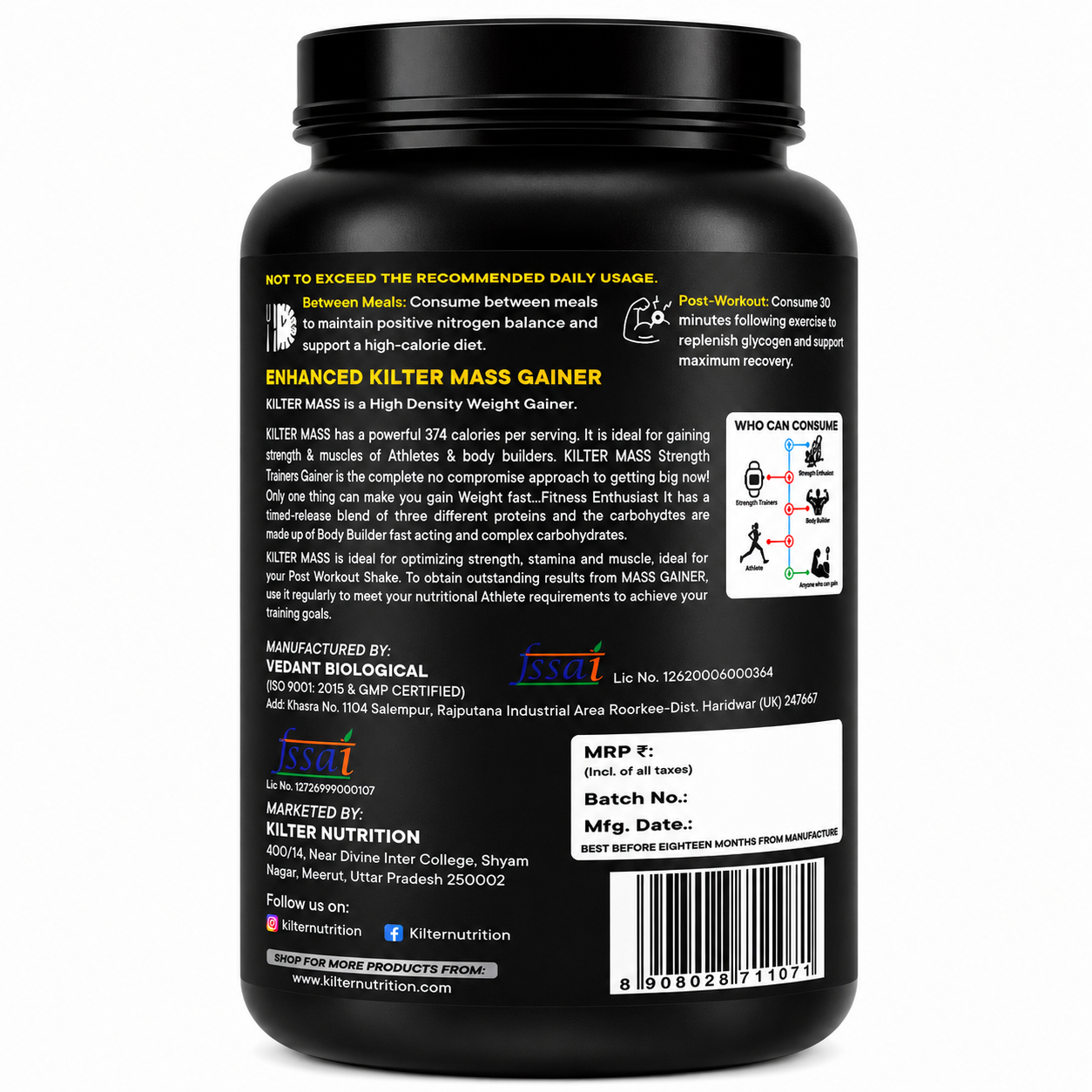 Kilter Nutrition Mass Gainer High Calorie Formula – Vanilla 1kg | High Protein & Carb Blend for Muscle Mass, Strength & Weight Gain