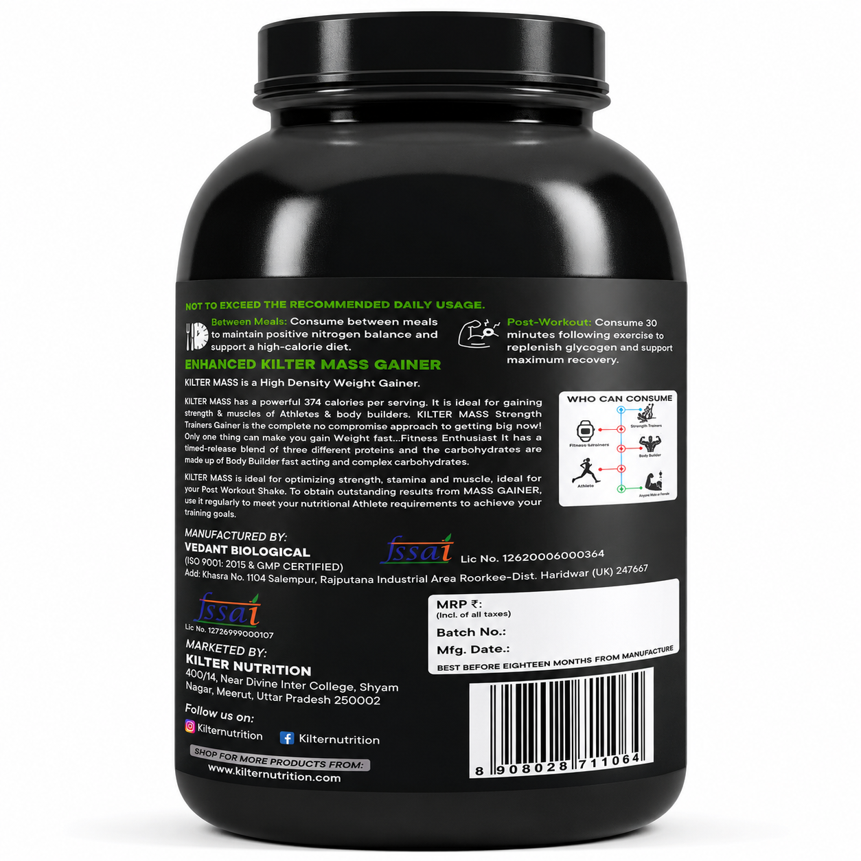 Kilter Nutrition Mass Gainer High Calorie Formula – Chocolate 3kg | High Protein & Carb Blend for Muscle Mass, Strength & Weight Gain