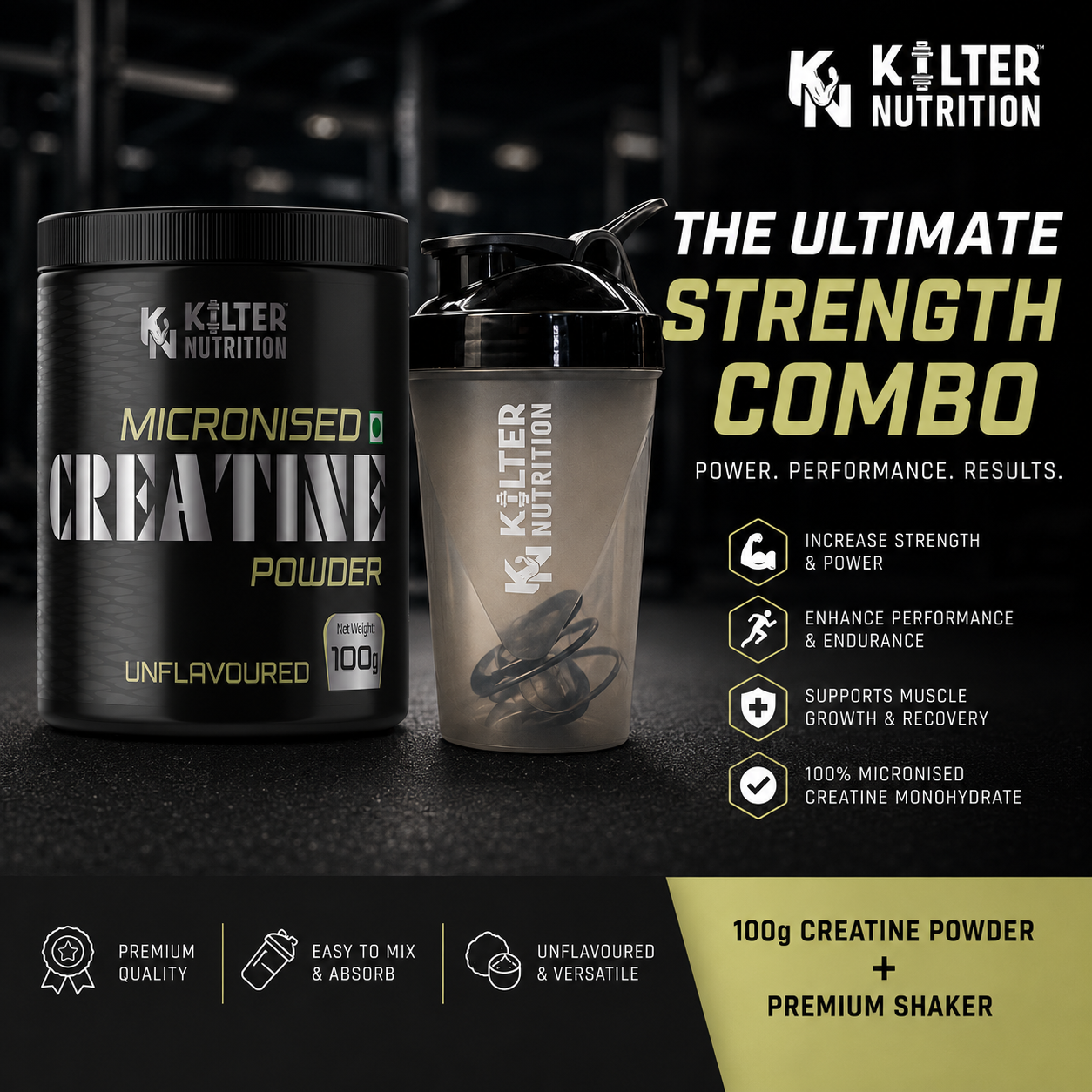 Kilter Nutrition Micronised Creatine Monohydrate & Shaker Combo | Strength, Performance & Convenience | Creatine + Premium Shaker