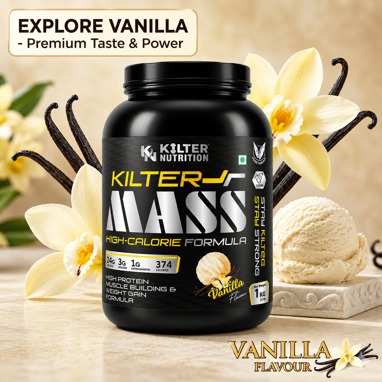 Kilter Nutrition Mass Gainer High Calorie Formula – Vanilla 1kg | High Protein & Carb Blend for Muscle Mass, Strength & Weight Gain