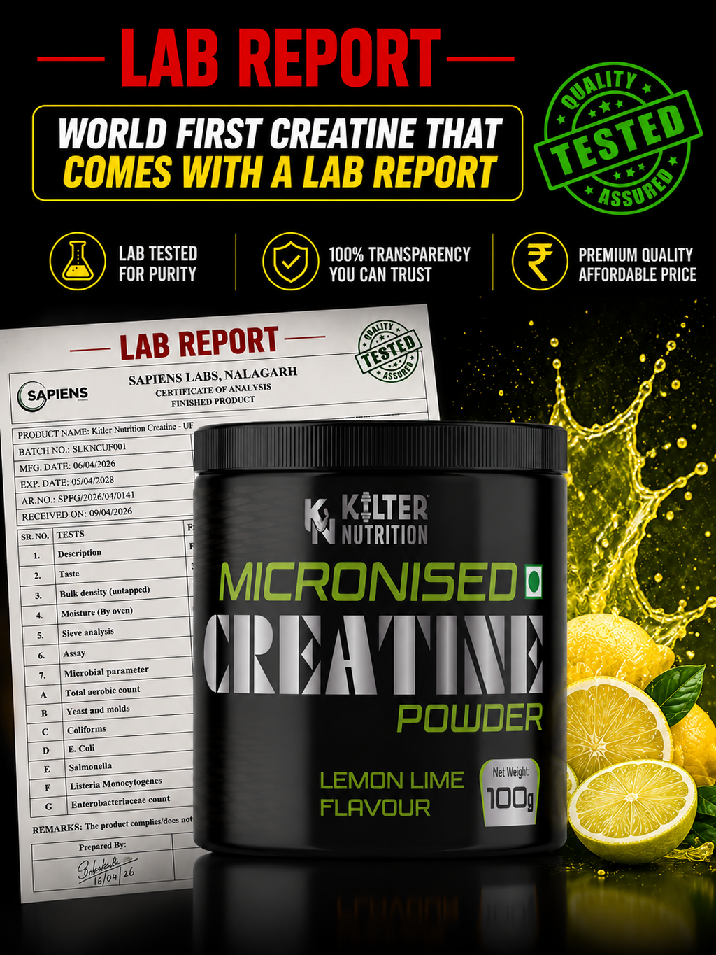 Kilter Nutrition Micronised Creatine Monohydrate Lemon Lime | 100% Pure Creatine | 100g
