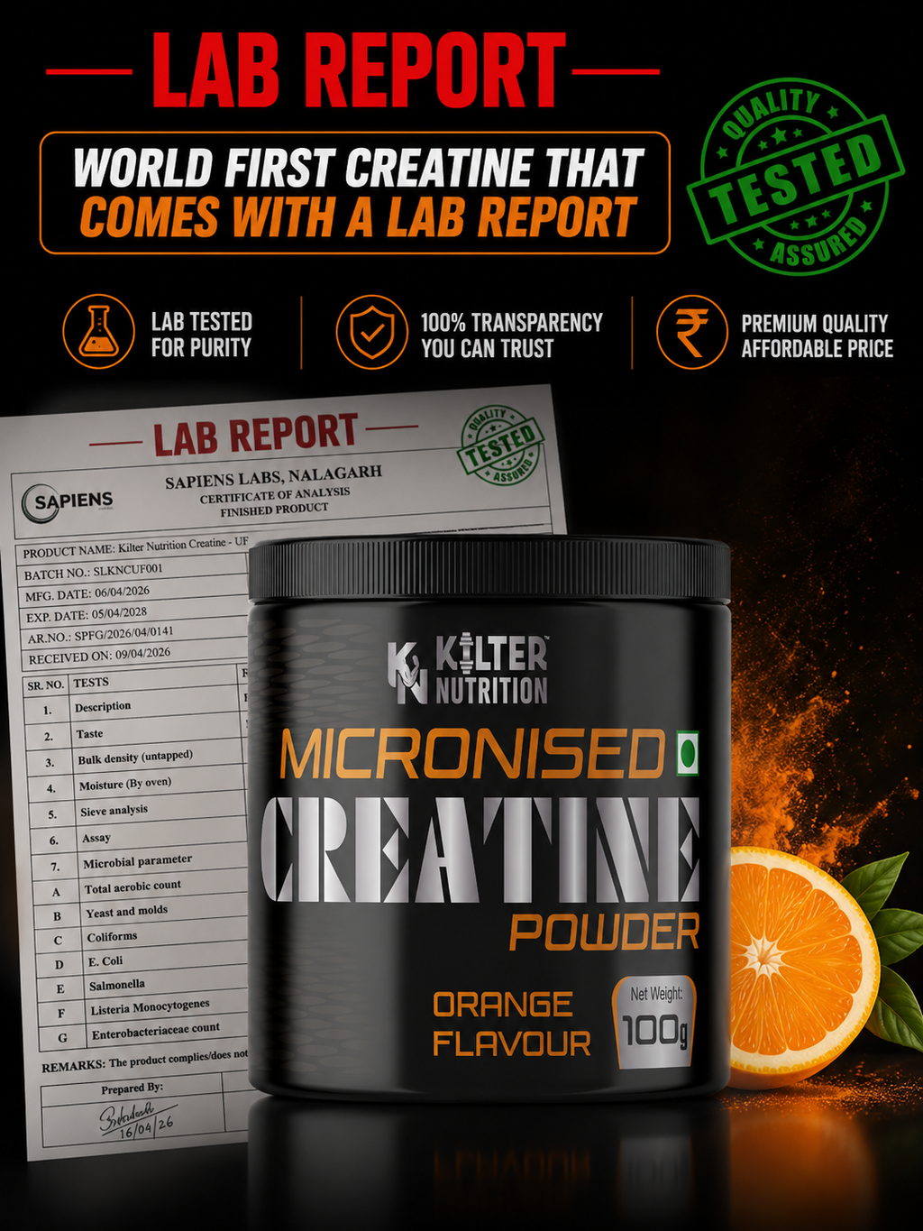 Kilter Nutrition Micronised Creatine Monohydrate Orange | 100% Pure Creatine | 100g