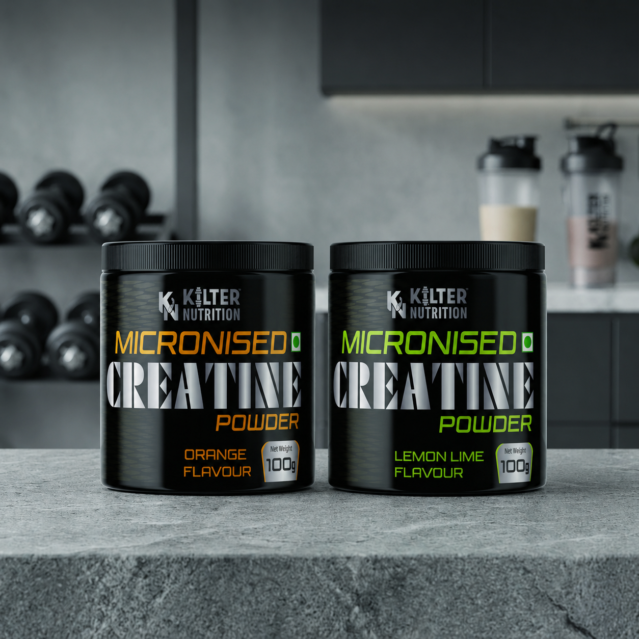 Kilter Nutrition Micronised Creatine Monohydrate Pack of 2 | Orange & Lemon Lime | 100% Pure Creatine | Strength, Power & Performance | 100g Each